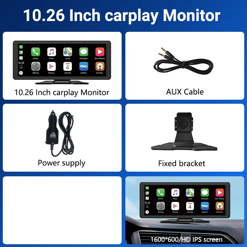 11.26 inch IPS Touch Screen Multimedia Video Player Portable 4K DVR Wireless CarPlay/Android Auto Dual Lens Driving Recorder