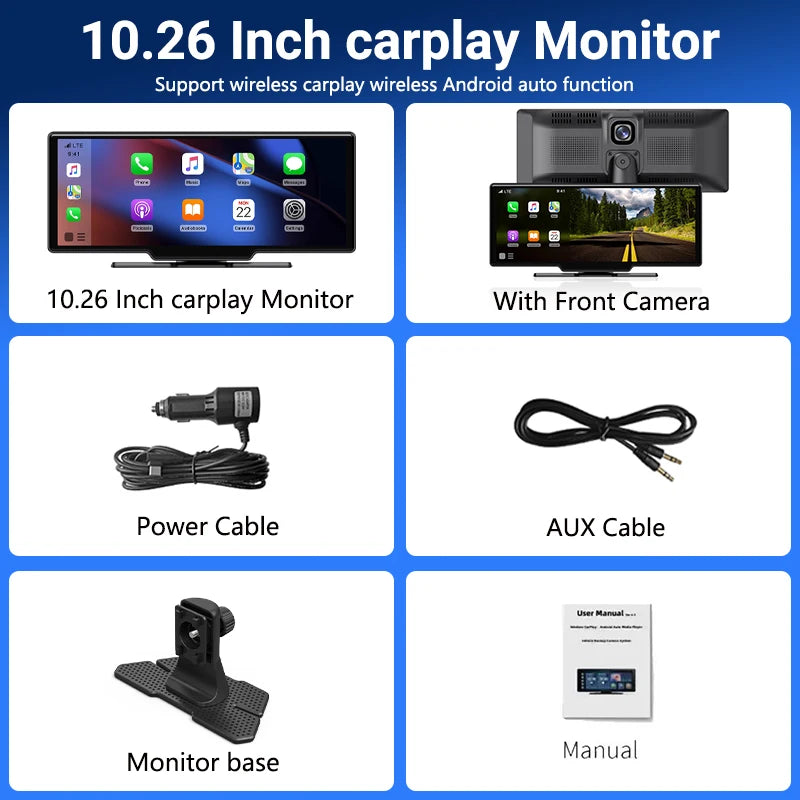 11.26 inch IPS Touch Screen Multimedia Video Player Portable 4K DVR Wireless CarPlay/Android Auto Dual Lens Driving Recorder