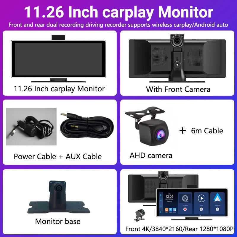 11.26 inch IPS Touch Screen Multimedia Video Player Portable 4K DVR Wireless CarPlay/Android Auto Dual Lens Driving Recorder